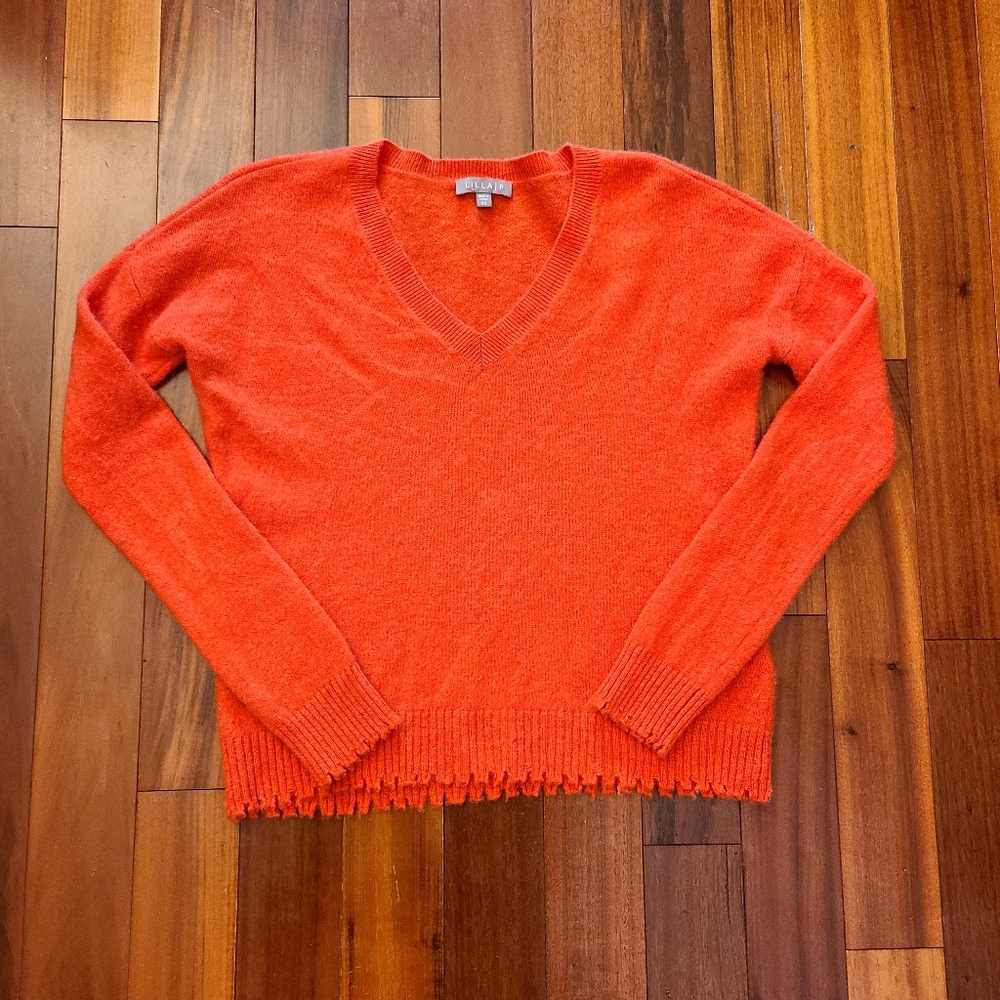 LILLA P Cashmere Women's V-Neck Orange Sweater Casual Classy Officewear Holiday